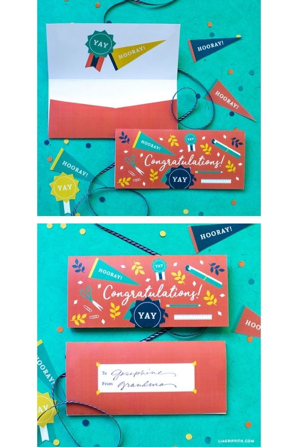Lia Griffith's free printable graduation money holders are a bright and happy reflection on their achievement