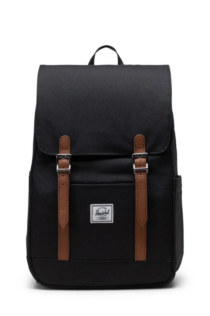 The classic Hershel backpack for teens in black with leather straps | back to school 2023