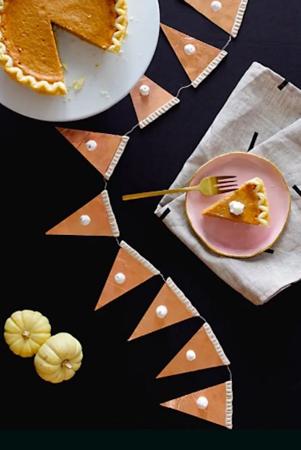 Thanksgiving crafts for kids: decorate your dessert table with a pumpkin pie garland at Say Yes