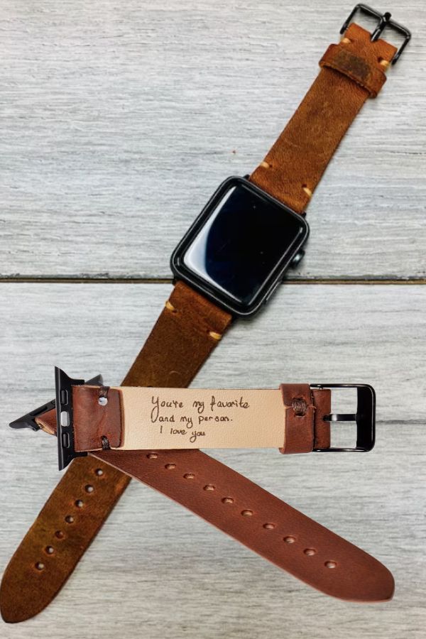 Personalize this leather Apple watchband with a handwritten note from Mirage Watchband. Great gift!