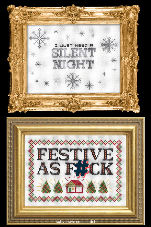Subversive Cross Stitch makes irreverent holiday cross stitch art kits, from PG to hard R