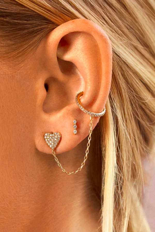 Valentine's jewelry for women who like edgier stuff: Chained stud heart and ear cuff
