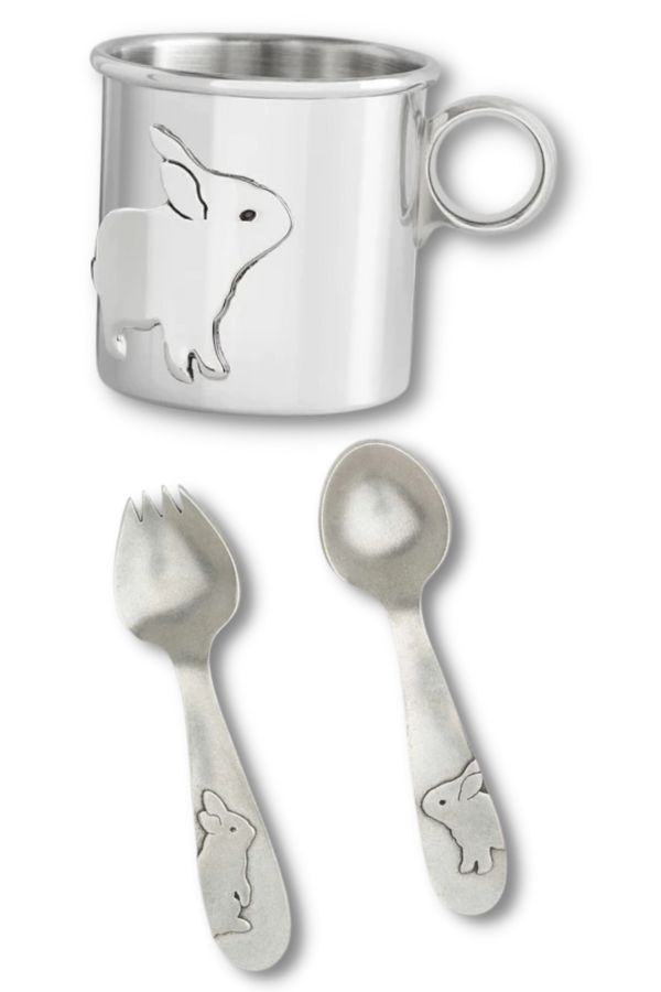 Beehive's pewter cup and utensils make a very special Year of the Rabbit baby gift.