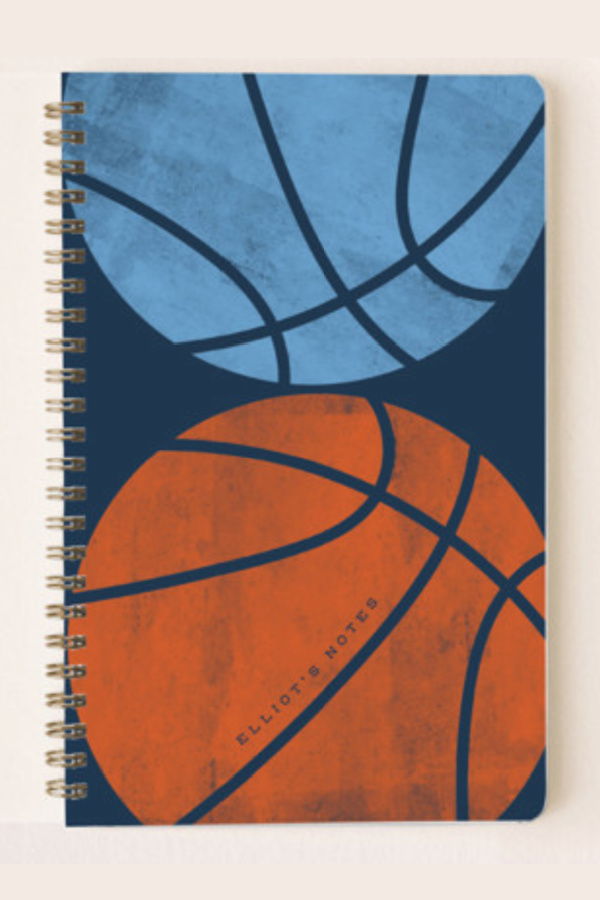 Best summer camp care package ideas: Basketball themed blank journal for kids, personalized with their name