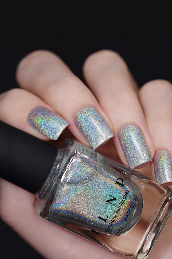 Fall nail trends: Silver holographic nails using ILNP Mega Holographic polish are also amazing for holiday season