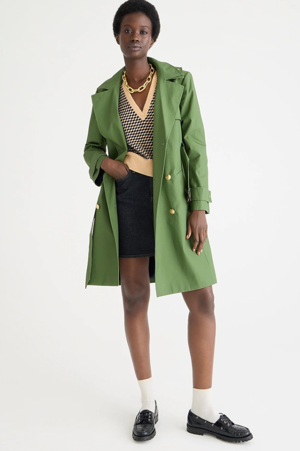 Stylish fall trench from JCrew in water-repellant cotton. Comes in green, black, or tan. 