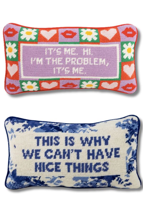 Beautifully made needlepoint pillows from Furbish Studio are one of the best gifts for a Taylor Swift fan.
