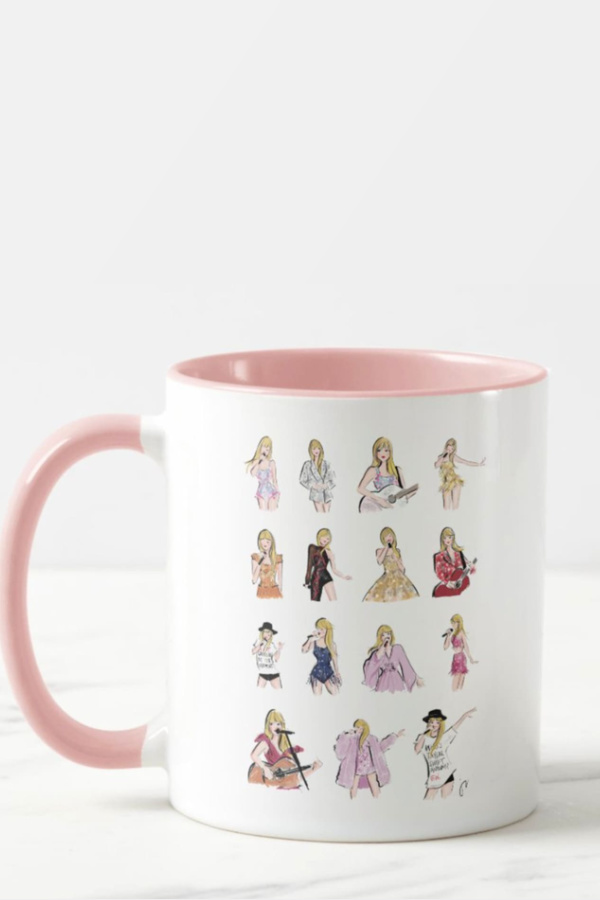 Taylor Swift gifts for fans: The Taylor Swift eras mug illustrated by Jennifer Vallez