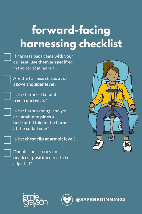 Forward facing harnessing checklist for car seat safety via Jamie Grayson + Safe Beginnings