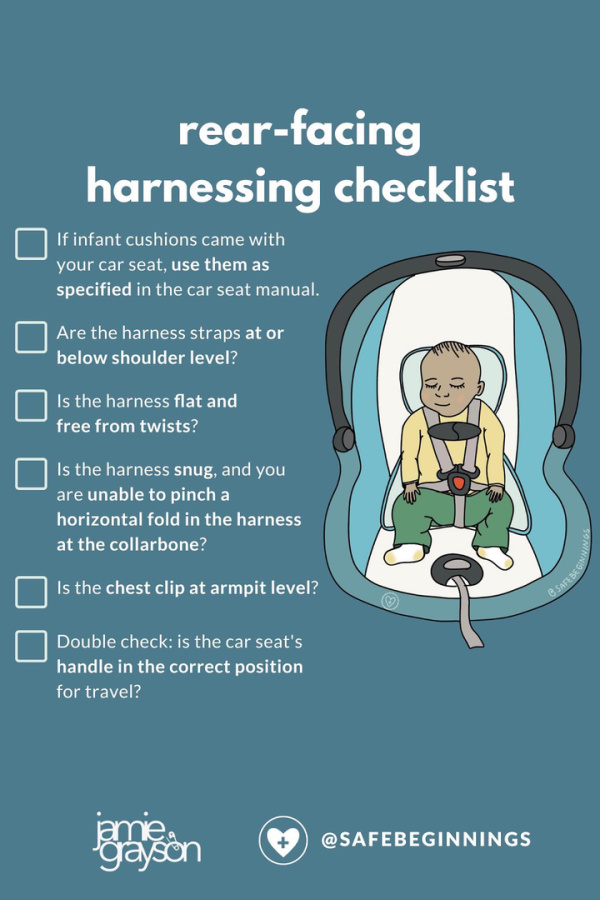 Rear facing harnessing checklist for baby car seat safety via Jamie Grayson + Safe Beginnings