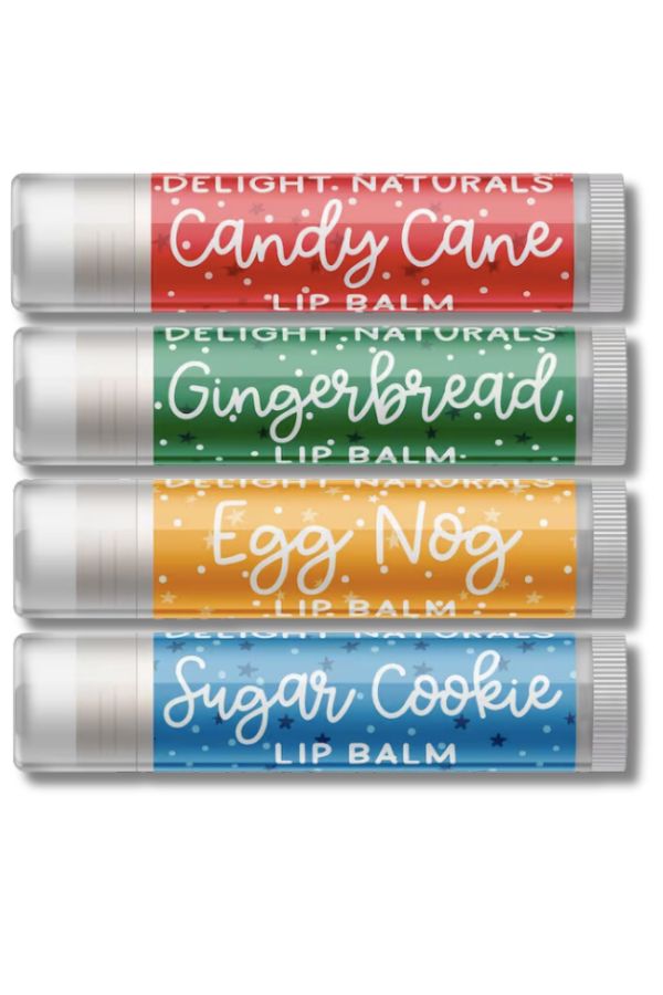 Delight Naturals four-pack of lip balm in holiday scents makes an excellent Christmas gift under $15