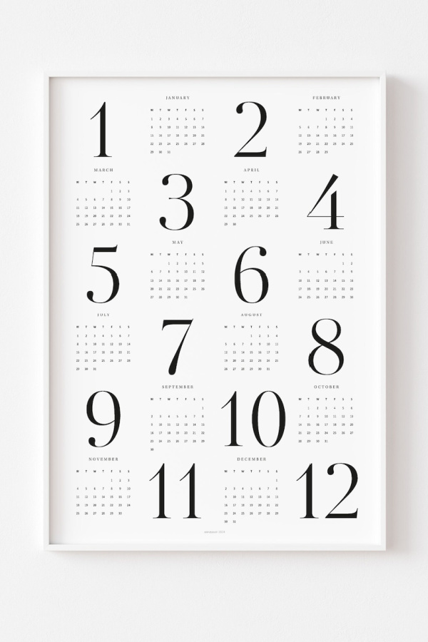 Modern 2024 printable calendars: Modern Minimalist Yearly Calendar from Anvaya Art: Numeric version