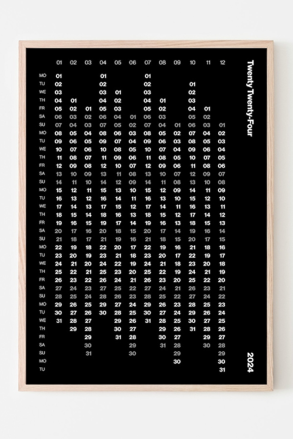 Minimalist 2024 printable wall calendar in Black from Monthly Design on Etsy 