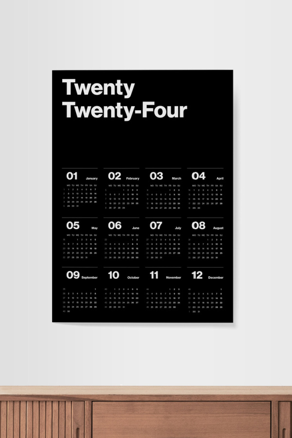 Black modernist printable 2024 wall calendar from Monthly Design on Etsy 