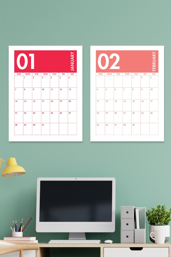 Modern, colorful 2024 printable monthly calendar pages from Pixel Blossom Co