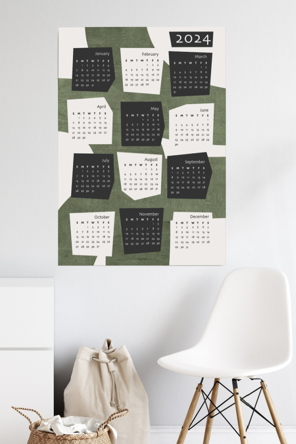 Printable 2024 wall calendar with bold, modern design for home or office | Laub Digital Studio
