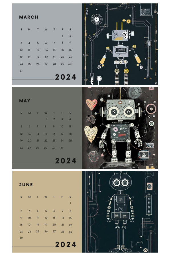 Fun printable retro-futuristic robot calendar for 2024 from Speaker Bawx on Etsy