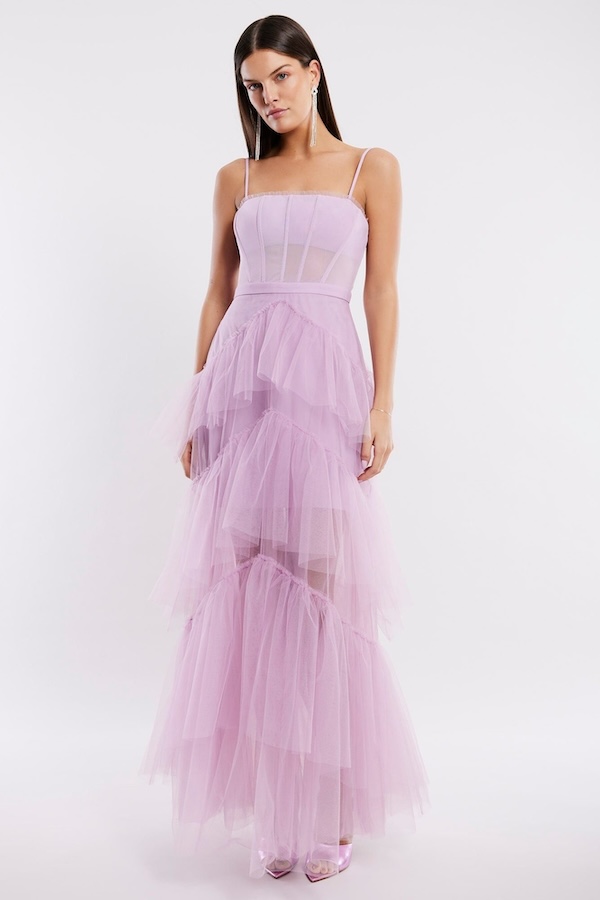 Prom dress rental ideas: BCBG MAX AZRIA tiered ruffle tulle evening gown in orchid at The Ensemble