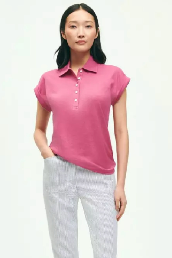 Modern Preppy spring clothes on sale: Brooks Brothers cap-sleeve linen blend top reinvents the polo