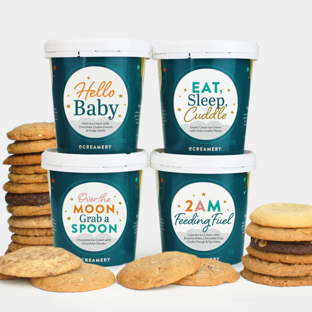 Unique baby gifts: The ecreamery new baby collection of gourmet ice cream pints delivered nationwide are AMAZING! Add cookies, too!