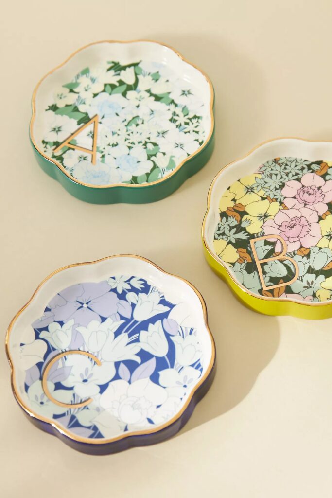 Floral monogram trinket dishes at Anthropologie under $15!: cool Easter basket gifts for teens and tweens