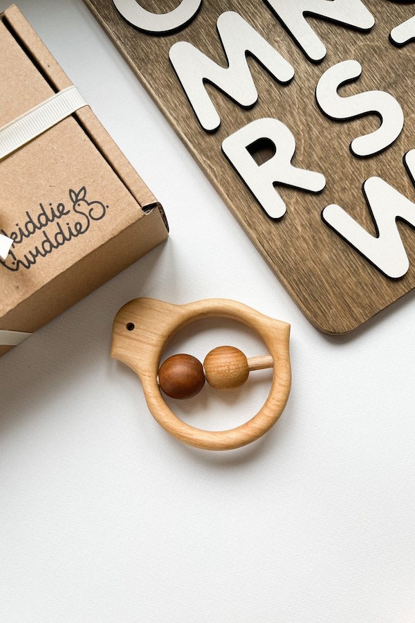 Best baby gifts under $10: Heirloom wooden baby toy and rattle