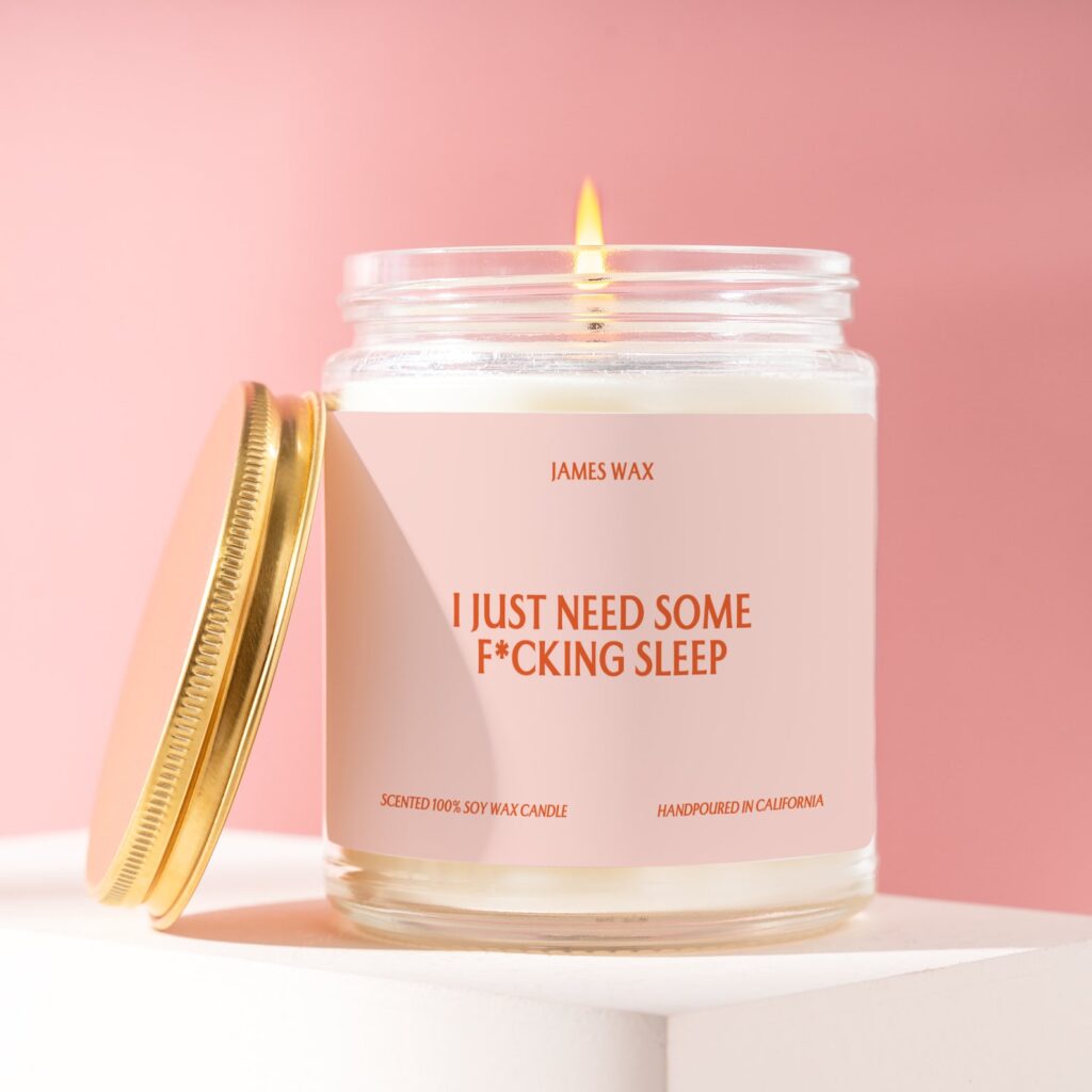 Funny baby gifts for a new mom: "I just need some f*ing sleep" handmade soy candle