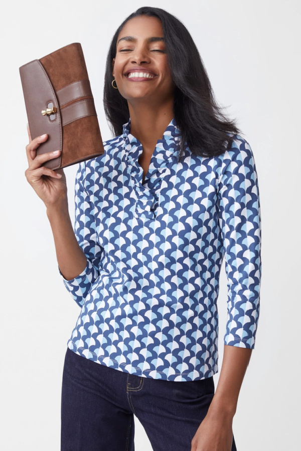 Modern Preppy spring clothes on sale: J. McLaughlin's gorgeous ruffled shirt in 3 stunning patterns that will outlast any trend