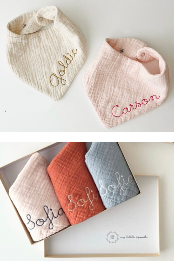 Best baby gifts under $10: Personalized name baby bandana bib from My Little Squash