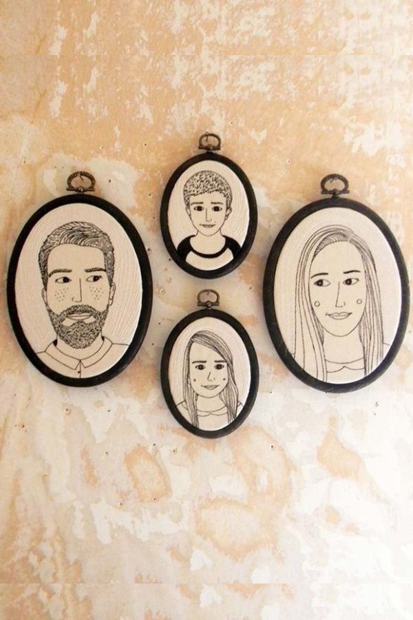 Custom embroidered-family portrait art byPolykatoikia looks beautiful in a series hung together