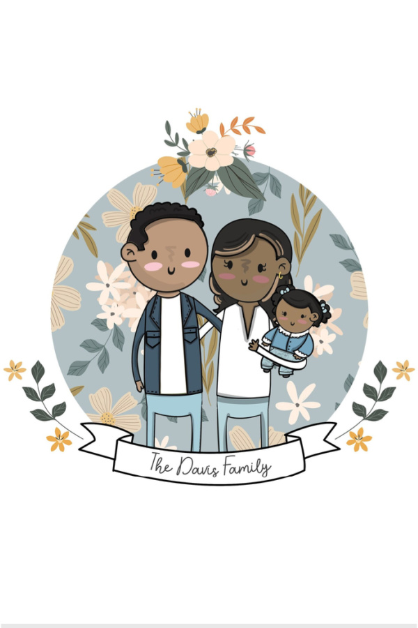 Custom family portrait illustrated in a charming modern style by Discovering You