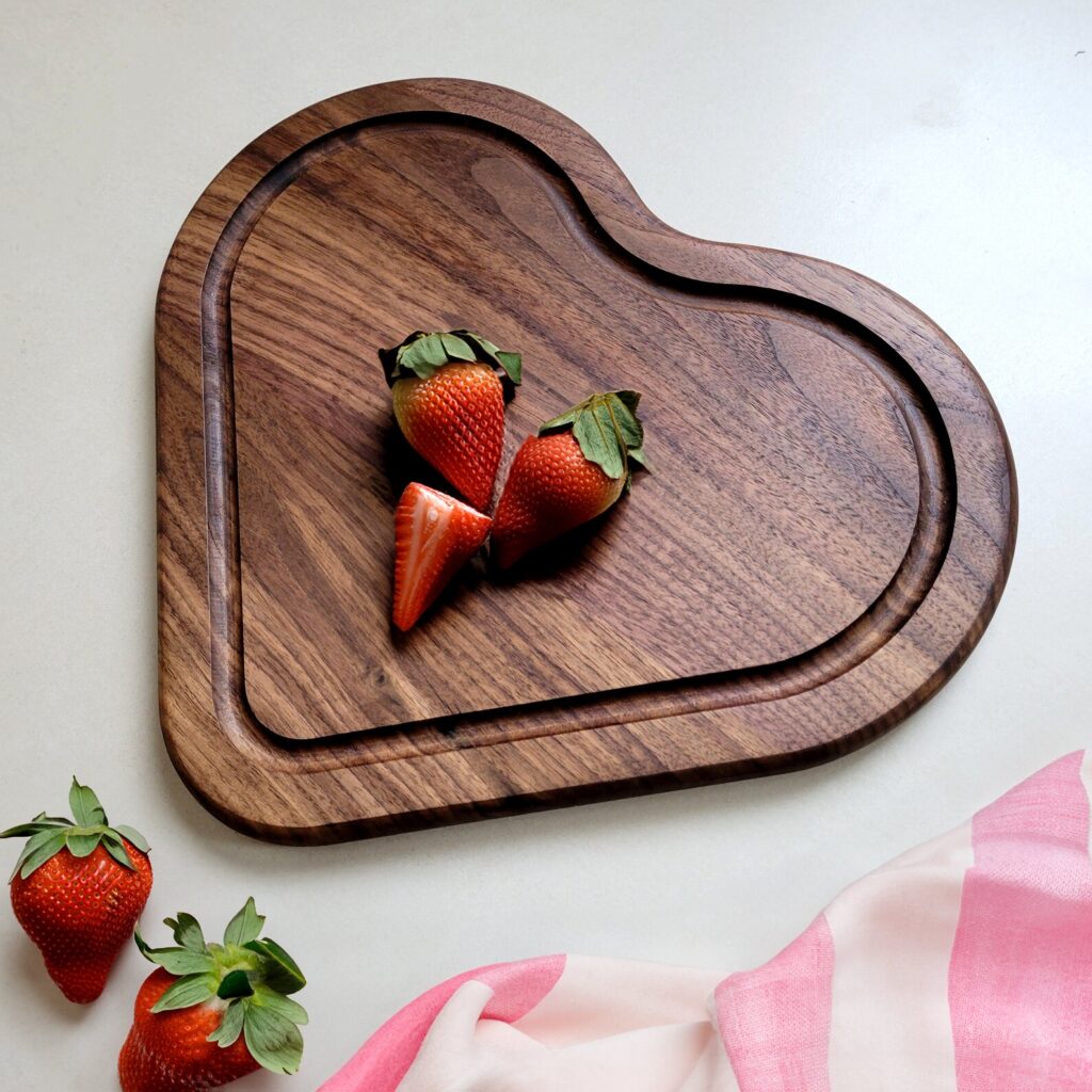Heart-shaped wooden serving board for breakfast in bed or a night to herself with bonbons | Self-Care gifts for Mom