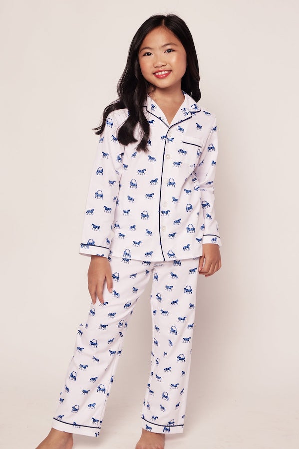 Petite Plume twill pajama set for horse-loving girls in an equestrian print | best gifts for 7 year olds