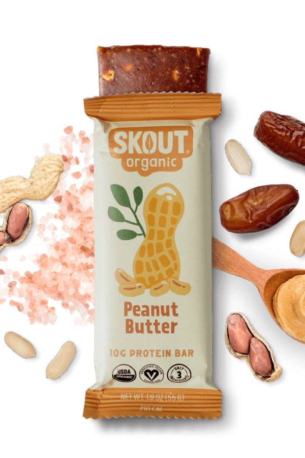 Skout Organic: Peanut Butter protein bar made with just 3 ingredients, no added sugars, and delivers 10g protein