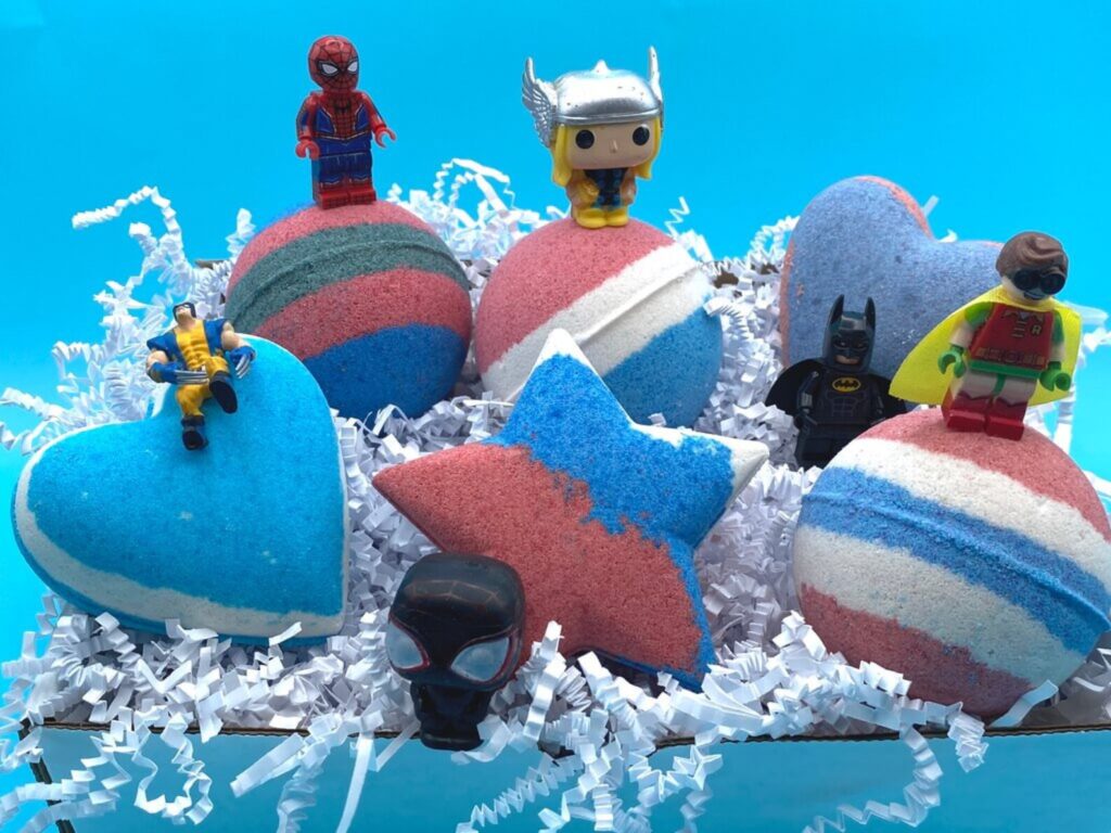 Cool gifts for 8-year-olds: Superhero minifig bath bombs from Berwyn Betty's Bath & Body