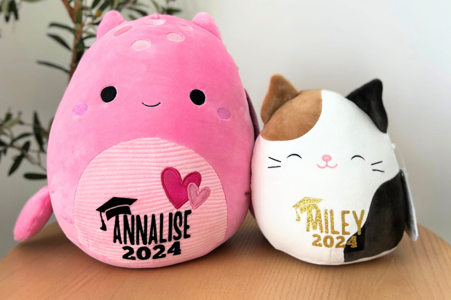 Personalized Squishmallows have our kids' names all over them! (Or at least on the belly.)