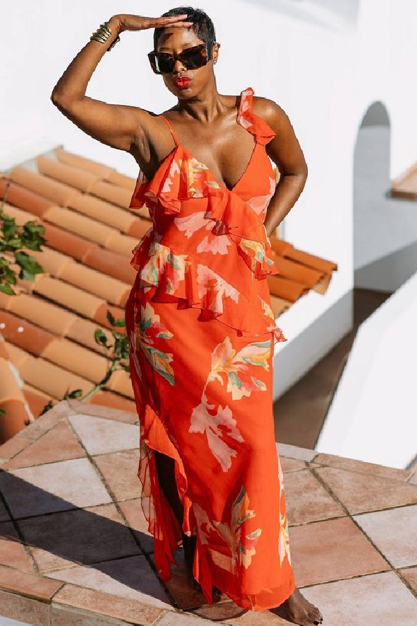 Flowy, floral dresses for summer weddings: Future Collective Target x Jenee Naylor Ruffle Maxi Dress