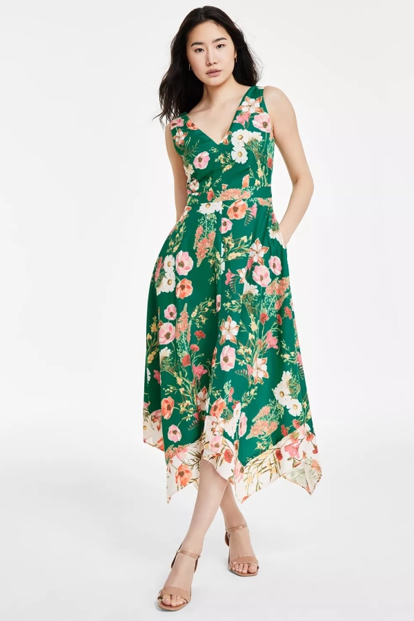 Flirty, floral dresses for summer weddings: Vince Camuto Floral Print Handkerchief Hem Dress on sale