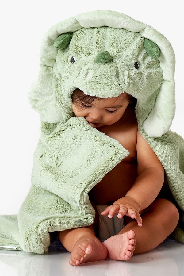 Funny baby gifts: Faux fur hooded dinosaur towel from PBK