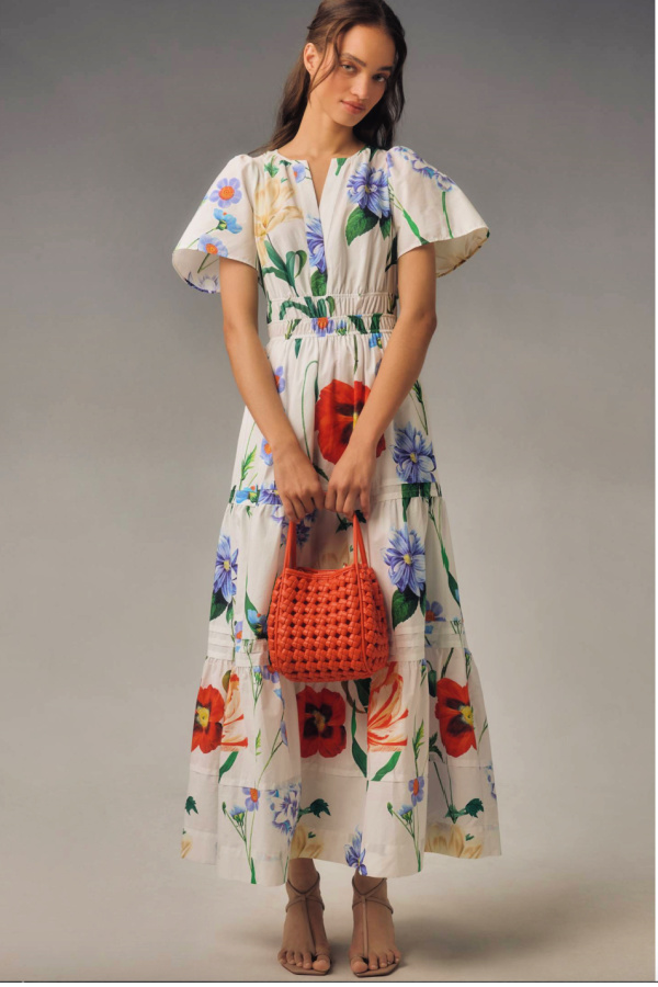 Flirty floral dresses for summer weddings: Somerset Maxi Dress from Anthropologie has 1200 glowing ratings