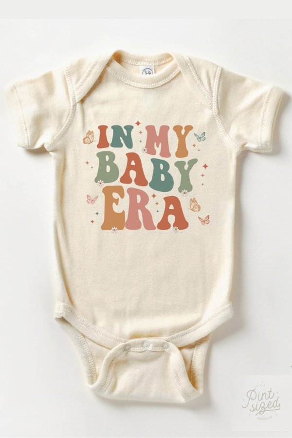 Funny baby gifts: In my baby era Swiftie onesie from Pint Sized Premium