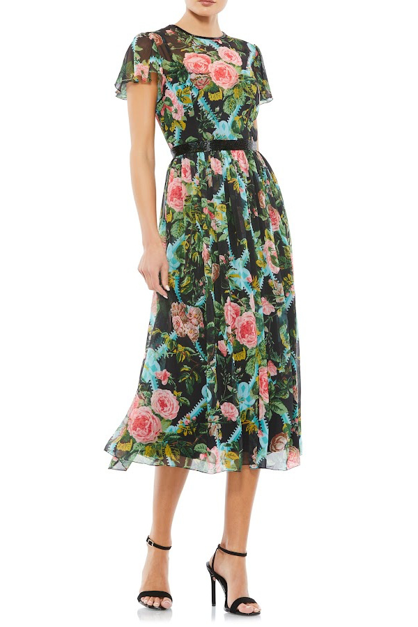 Floral dresses for summer weddings: Mac Duggal Floral Chiffon Midi Dress 