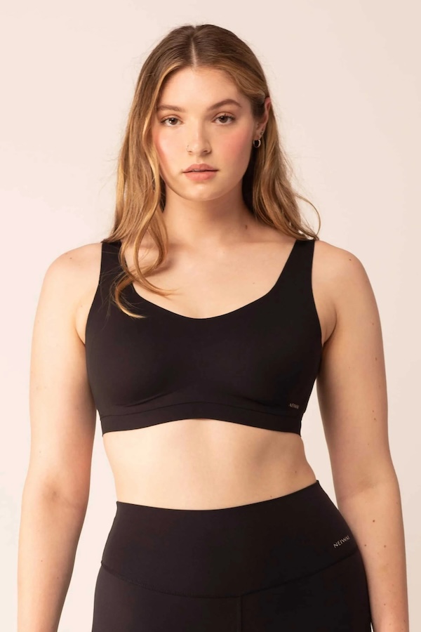 Barely Zero Fixed Cup Curve Bra from NEIWAI adapts to breast size fluctuations from B to DD, and makes a great supportive workout bra too (sponsor) 