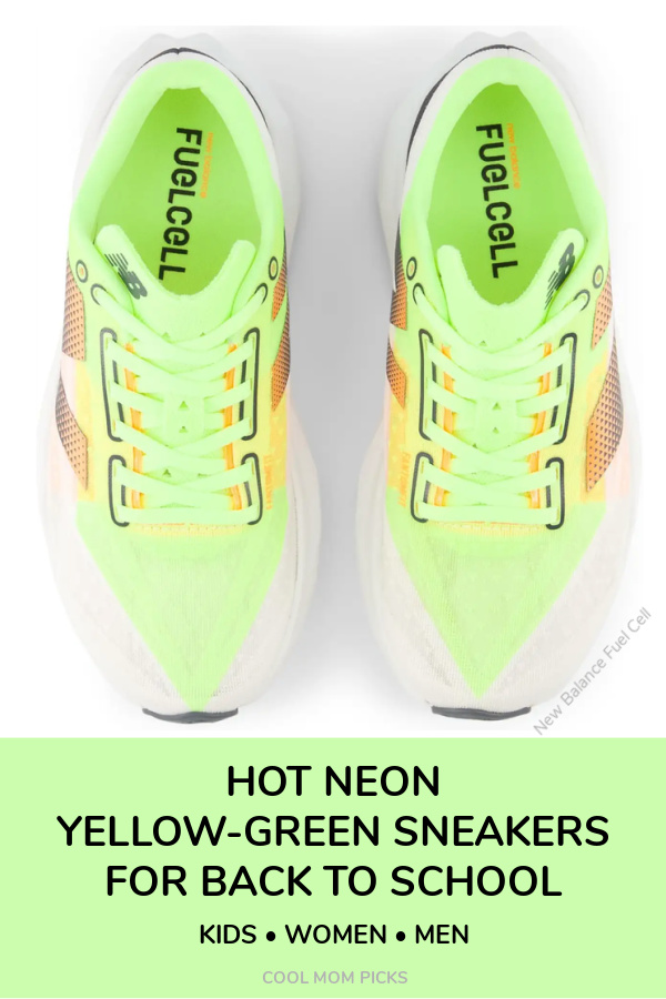 Olympic-inspired yellow-green neon sneakers for back to school shopping: Sizes for kids, teens, and adults | cool mom picks